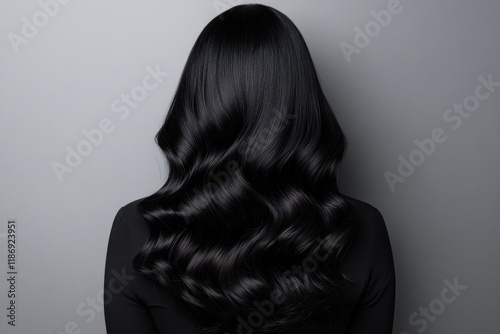Long, sleek black hair cascading down a woman's back against a neutral background during an indoor fashion photoshoot