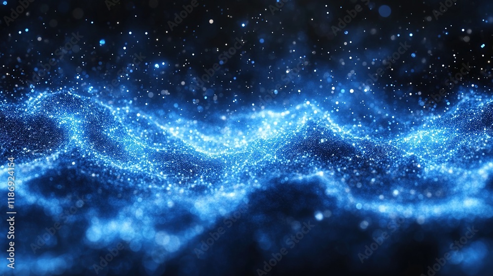 A mesmerizing display of blue particles resembling waves of light in a cosmic or abstract environment.