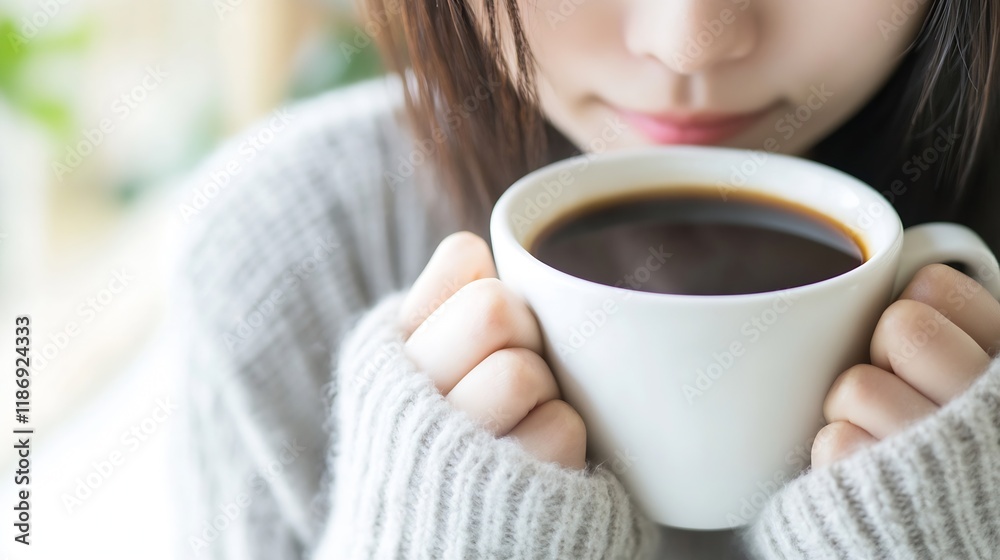 custom made wallpaper toronto digitalCloseup of Woman in Cozy Sweater Holding Hot Coffee Cup in Gentle Light : Generative AI