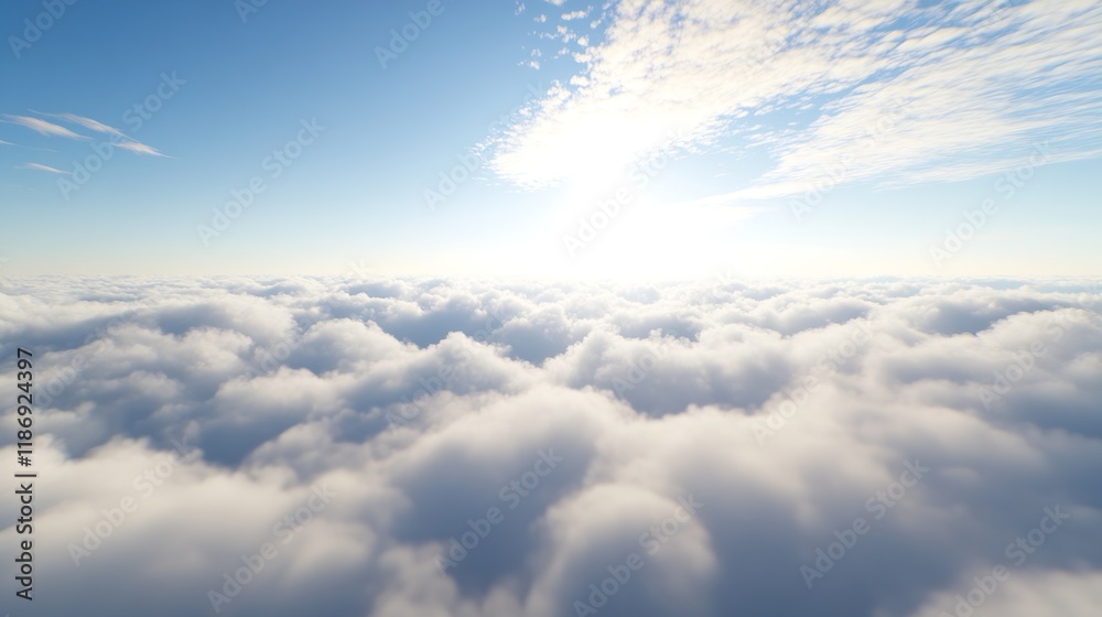 Fototapeta premium Above the Clouds Scenic View with Blue Sky and Sunlight Breaking Through Cloud Cover : Generative AI