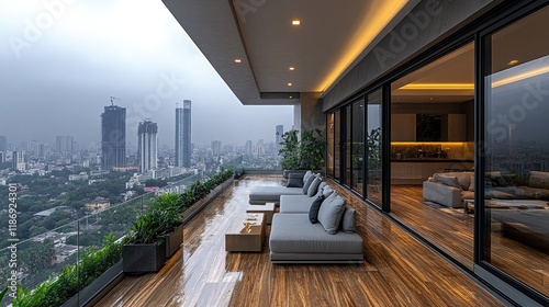 Modern penthouse balcony with city view, outdoor furniture, and sleek interior design. photo