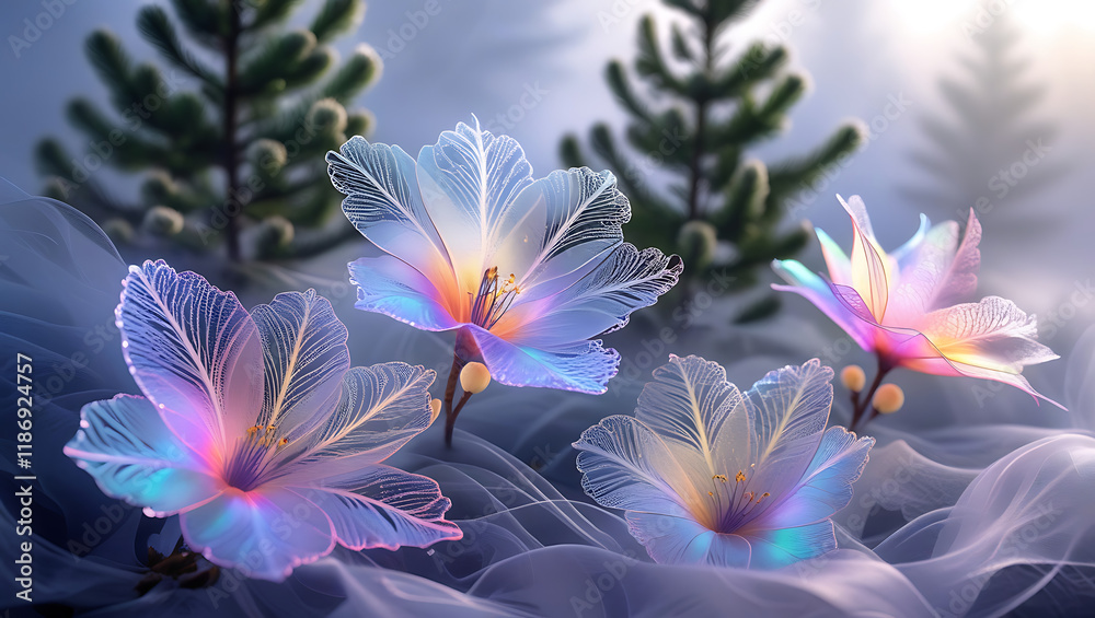 Fototapeta premium beautiful light spectrum spruce flowers, created by generative ai