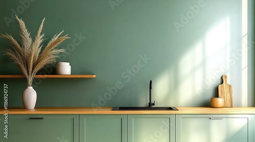 Rustic Farmhouse Kitchen with Green Cabinets, Wooden Countertop, and Shelf on Green Wall