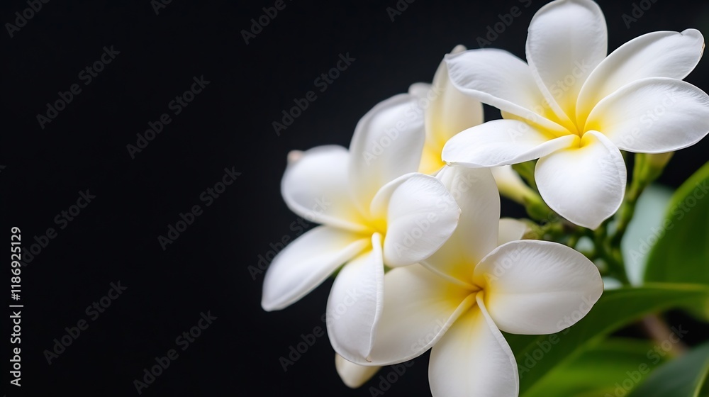Naklejka premium Elegant White Plumeria Flowers on Dark Background Nature and Purity : Generative AI