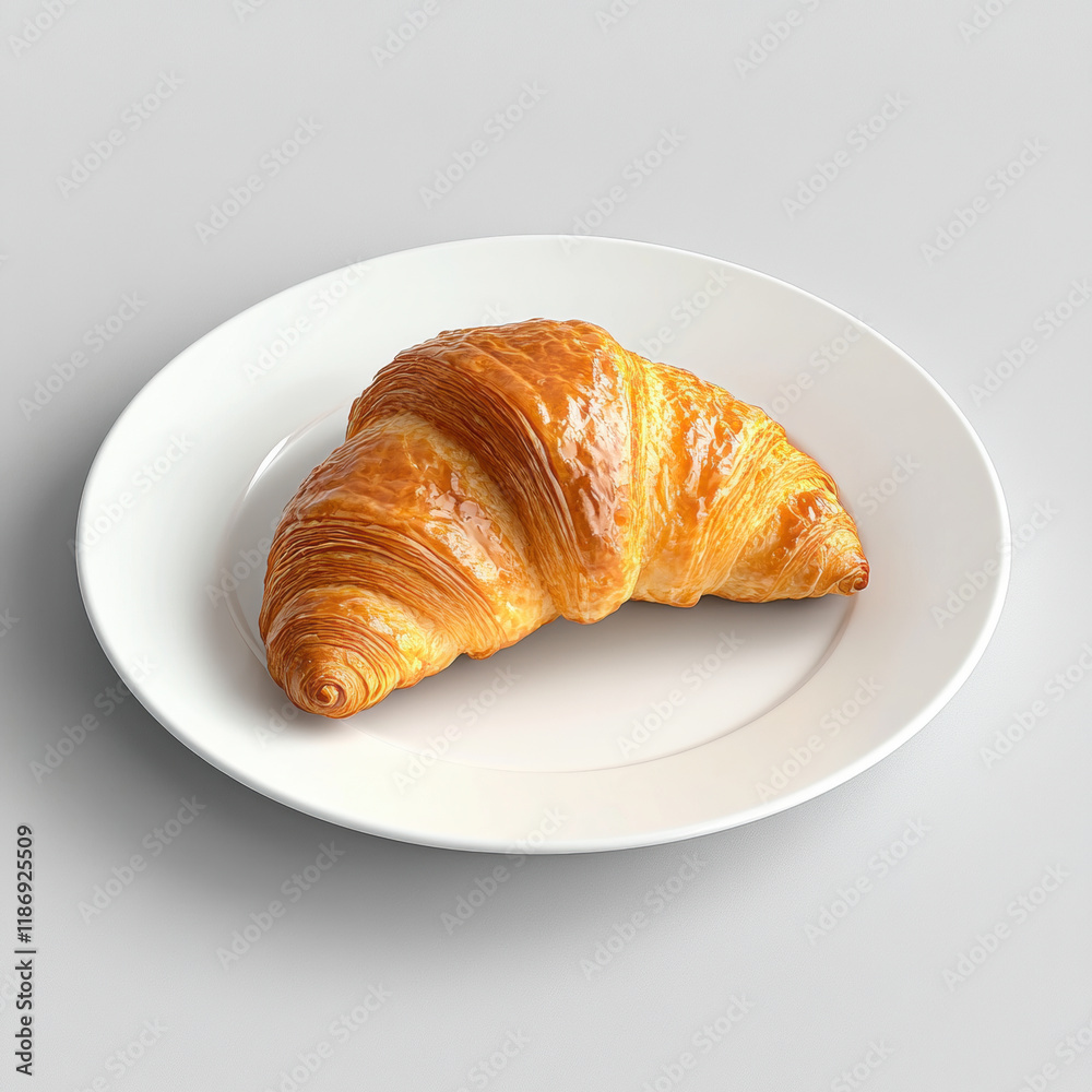 Freshly baked croissant on white plate, showcasing its flaky layers and golden brown color, perfect for breakfast or snack Freshly baked croissant on white plate, showcasing its flaky layers and golden brown color, perfect for breakfast or snack