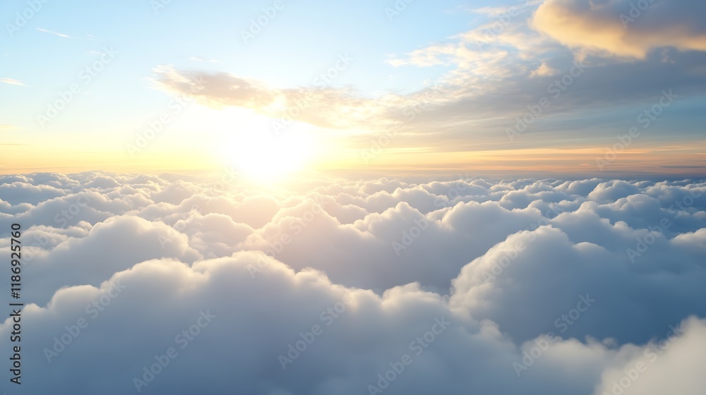 Fototapeta premium Serene Aerial View of Sunset Above Fluffy Clouds with Gentle Horizon and Sunlight Rays : Generative AI