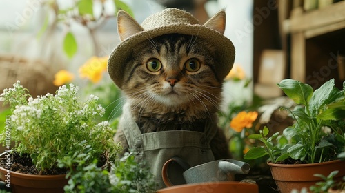 Adorable Cat Dressed as Gardener in Cozy Indoor Garden Setting Surrounded by Plants and Flowers, Capturing the Essence of Nature and Whimsy