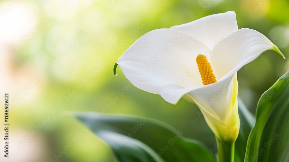 Fototapeta premium Close Up Of White Calla Lily Blooming In Natural Light Against Soft Blurred Background : Generative AI