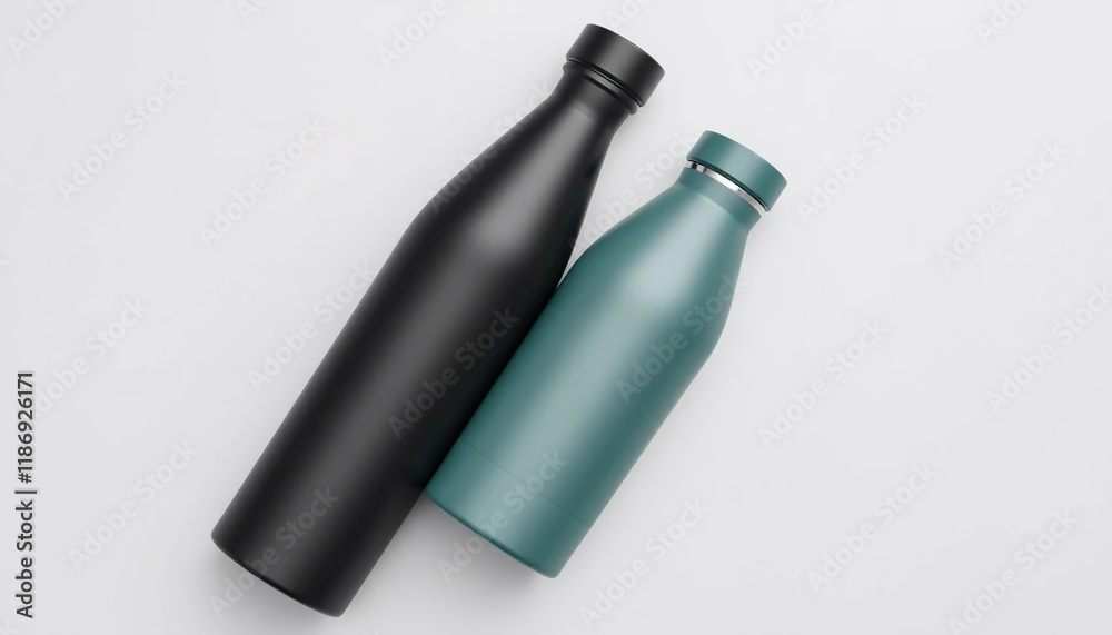Stylish Black and Teal Insulated Water Bottles on White Background Mockup Design Stylish Black and Teal Insulated Water Bottles on White Background Mockup Design