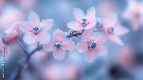 Delicate pink flowers with frost.