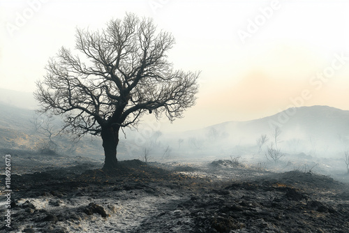 Lone Survivor: A stark, poignant image of a lone, charred tree standing amidst a landscape ravaged by fire, symbolizing resilience and the aftermath of destruction. photo