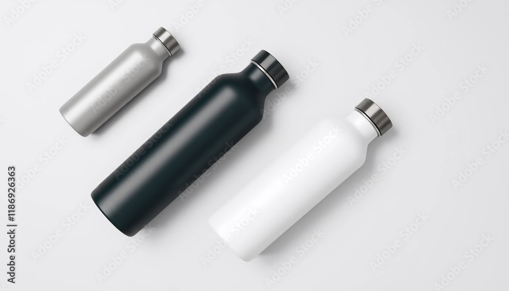 Stylish Set of Three Matte Finish Water Bottles Mockup for Branding Stylish Set of Three Matte Finish Water Bottles Mockup for Branding