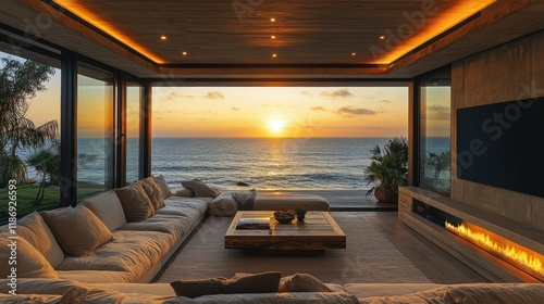 Wallpaper Mural Oceanfront living room with sunset view, modern design, fireplace, and large sectional sofa. Torontodigital.ca