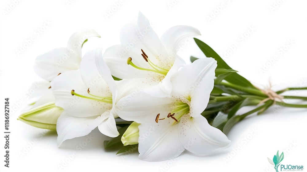 Fototapeta premium Fresh White Lilies Arranged with Green Leaves on White Background : Generative AI