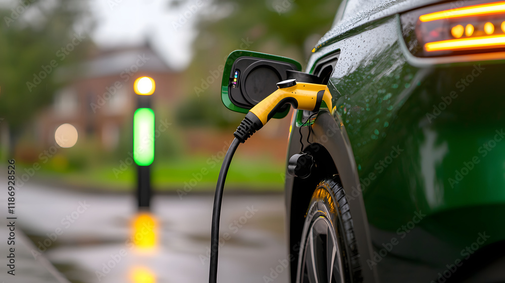 close up view of electric vehicle charging at station, showcasing charging cable and connector. scene is set in rainy environment, highlighting modern technology and sustainability close up view of electric vehicle charging at station, showcasing charging cable and connector. scene is set in rainy environment, highlighting modern technology and sustainability