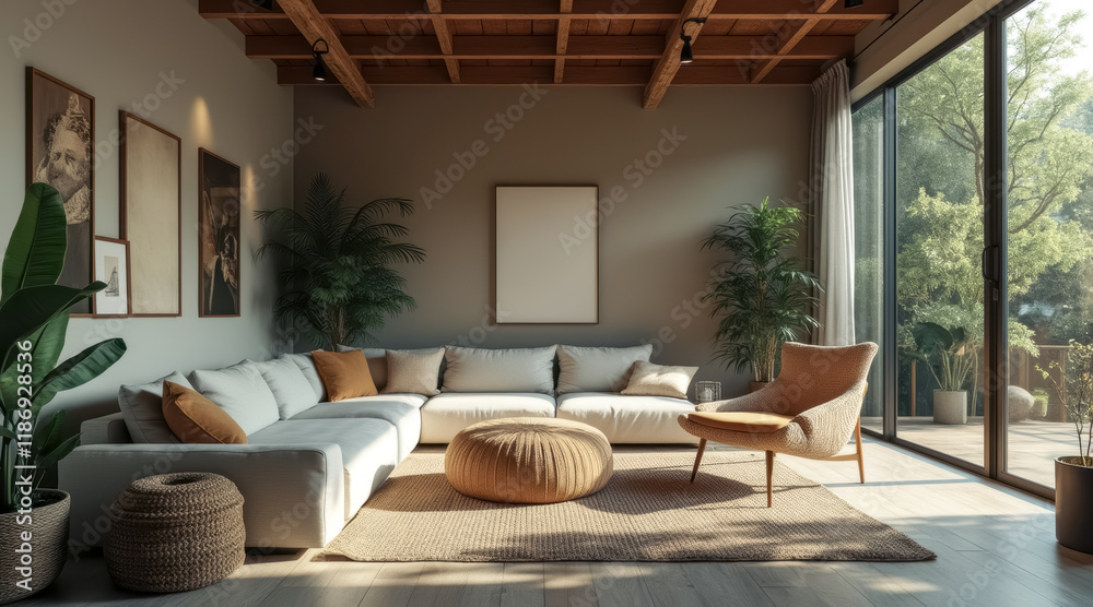 sunlit living room with sectional sofa woven pouf sunlit living room with sectional sofa woven pouf