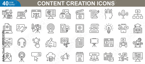 Content creation line icons set. Related social media, video editing, photography, graphic design, writing, podcasting and more. vector illustration pack for creative professionals.