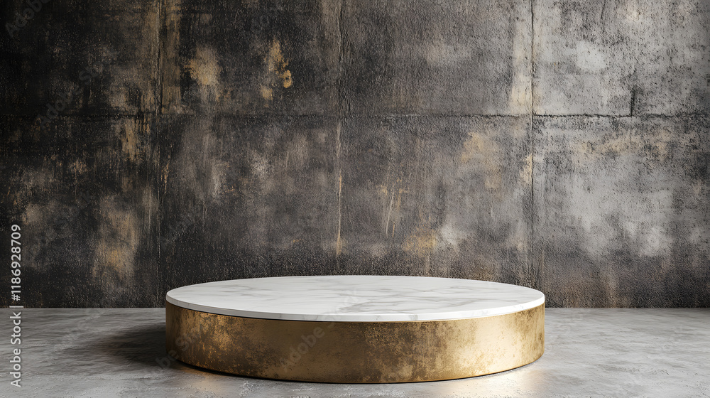 Fototapeta premium Round White Marble Podium with Metallic Gold Base in Luxury Studio - Modern 3D Rendering for Product Display.