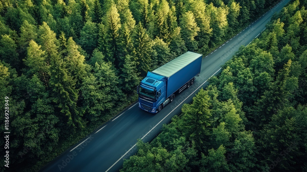 Fototapeta premium Blue semi-truck drives on a road through a lush green forest.