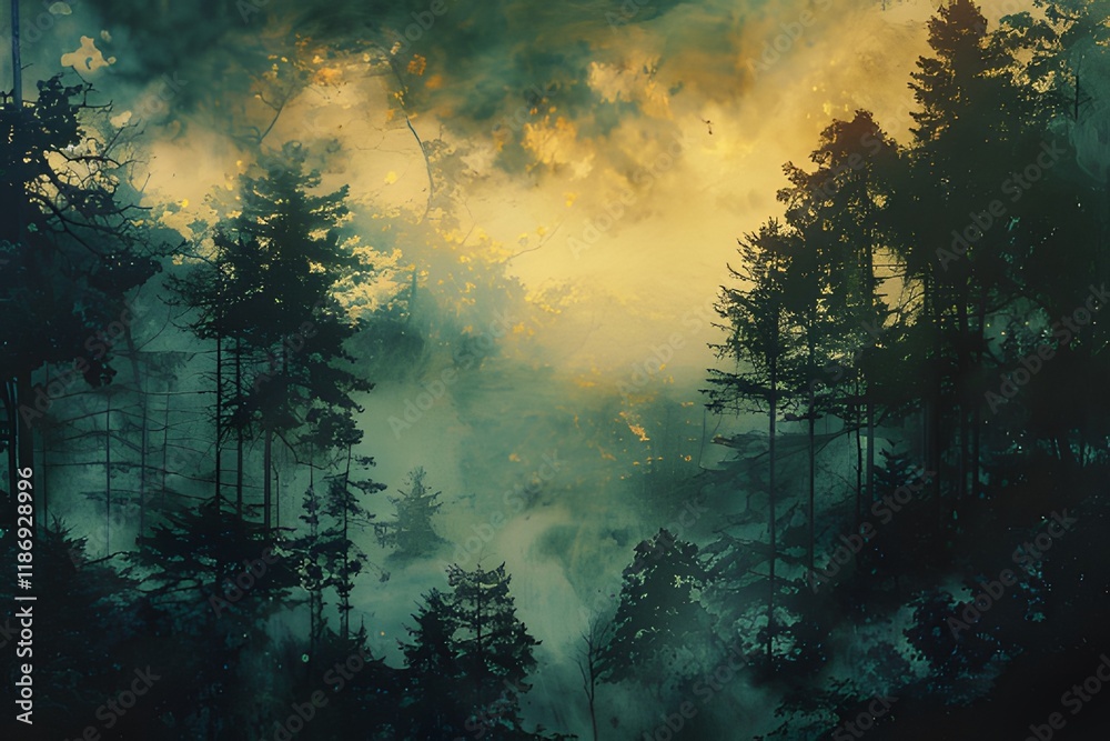 Fototapeta premium Mist forest featuring dense pine trees