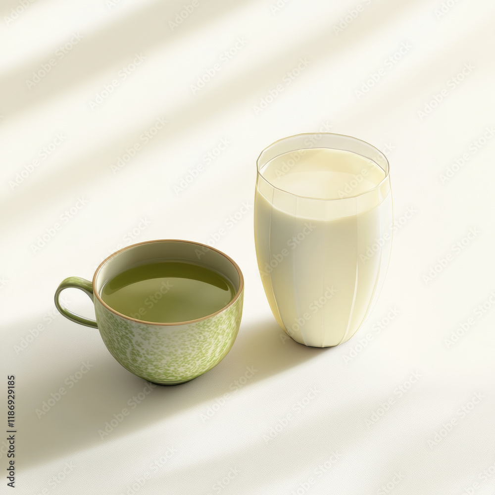 green cup with tea and tall glass of milk on light surface, creating serene and inviting atmosphere green cup with tea and tall glass of milk on light surface, creating serene and inviting atmosphere