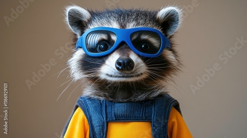 Adorable raccoon wearing fashionable blue glasses and bright yellow shirt, showcasing a playful and humorous side of wildlife in a delightful portrait setting. photo