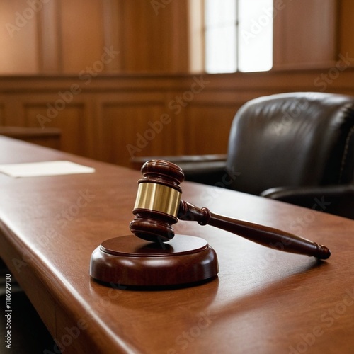 Close-up of a judge's gavel on a courtroom desk, symbolizing justice and law. Perfect for legal, judicial, or courtroom-related themes. High-quality image for blogs, presentations, or educational use