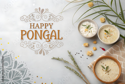 Elegant Happy Pongal Design with Left-Aligned Text on Soft grey Background. photo