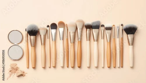 Fototapeta Makeup Brushes Collection Flatlay of Cosmetic Tools Powder and Compact Mirror