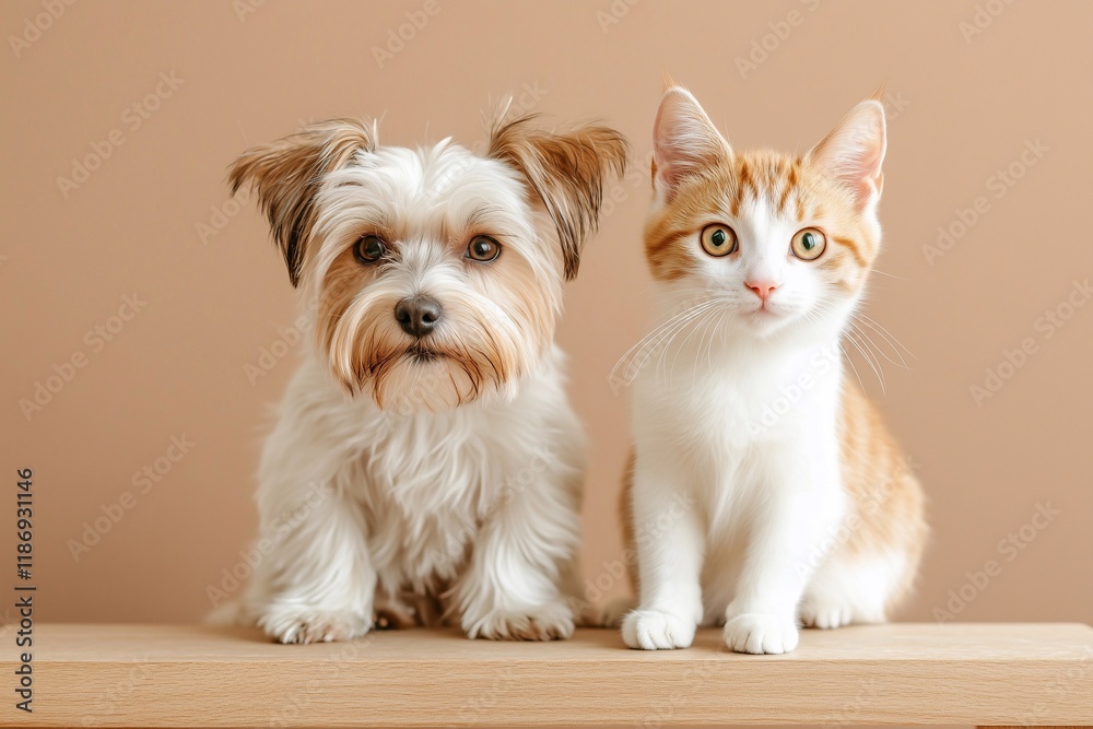 A fluffy puppy and an adorable kitten, perfectly groomed, sitting side by side against a beige background, illustrating harmony and pet care excellence. Generative AI. A fluffy puppy and an adorable kitten, perfectly groomed, sitting side by side against a beige background, illustrating harmony and pet care excellence. Generative AI.