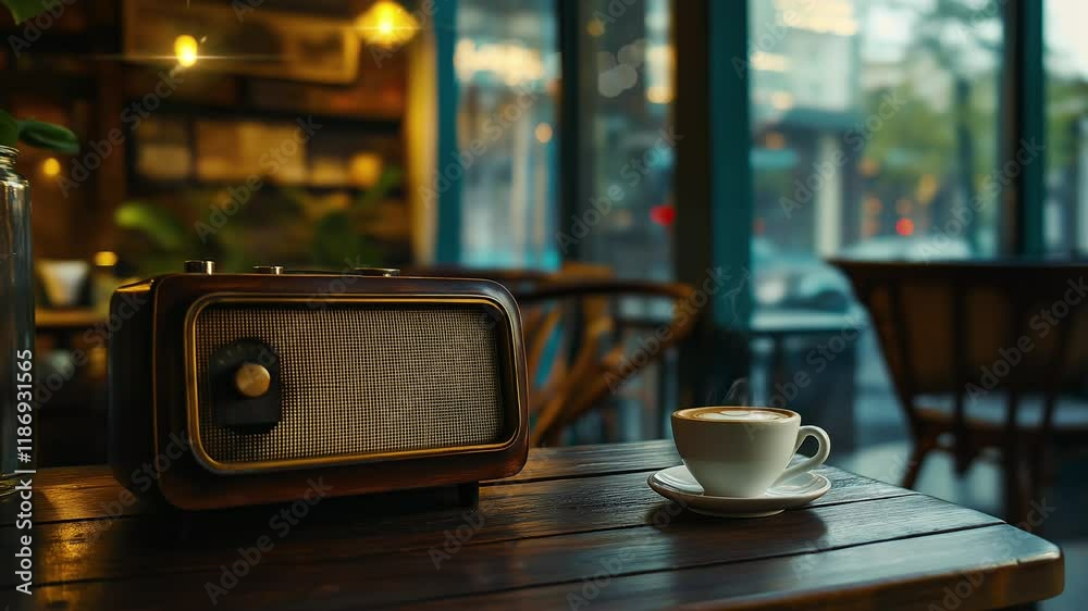 Old radio day with a cup of coffee animation