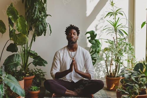 A serene moment of meditation surrounded by lush indoor plants, emphasizing mindfulness, balance, and harmony with nature in a peaceful setting. Generative AI. photo