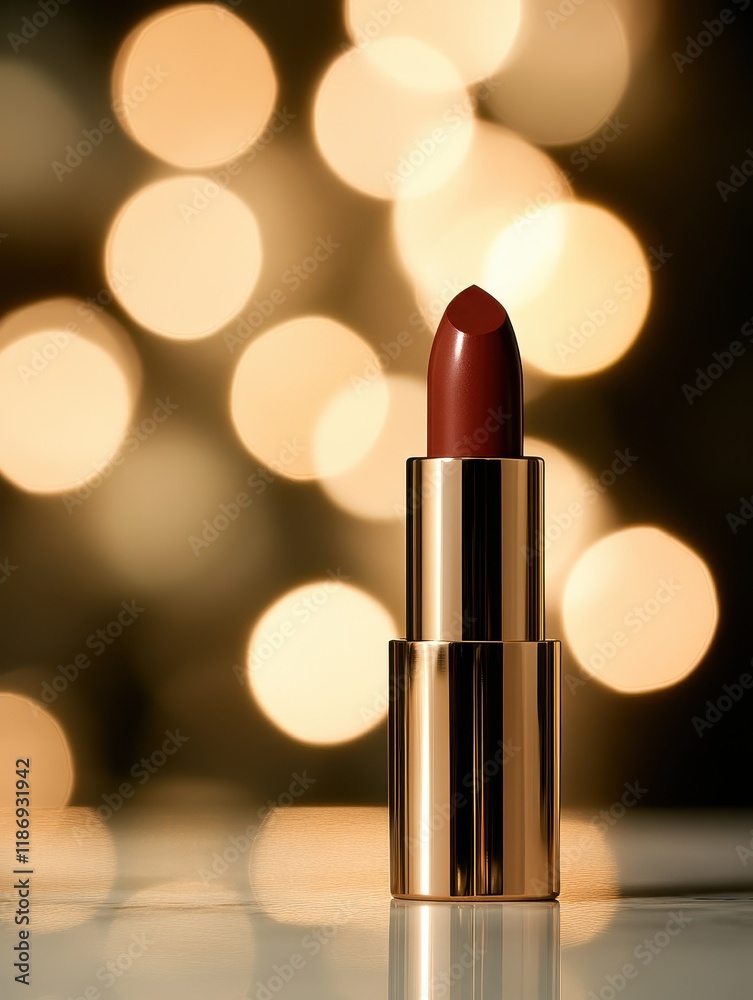 Luxury Brown Lipstick on Marble Surface with Golden Lights