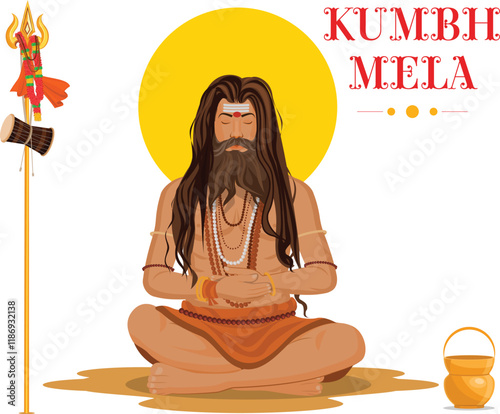 Sadhu meditating sitting in praying, Kumbh Mela festival in india. sadhu vector illustration