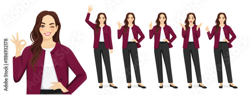 Beautiful business young woman wearing formal outfit in different poses set. Surprised, waving, standing with crossed hands, showing thumb up and ok sign. Isolated vector illustration