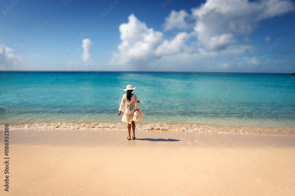 An unidentifiable woman wearing a white hat walking alone along a tropical beach. The coulds and background are diffused An unidentifiable woman wearing a white hat walking alone along a tropical beach. The coulds and background are diffused