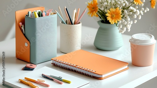 Organized Workspace with Stationery and Flowers - Creative Study Environment photo