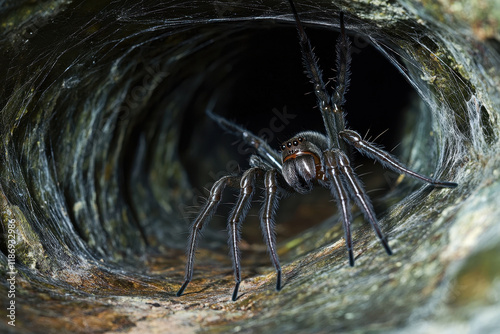 Dark spider lurking in a narrow tunnel showcasing the intricate details of its body and surroundings photo