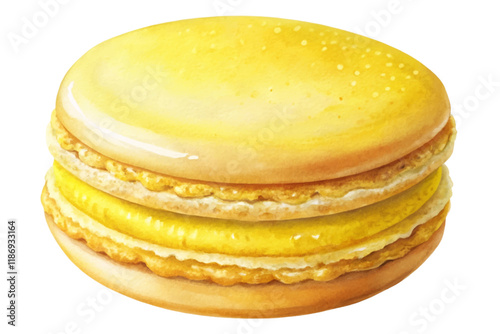 Yellow macaron dessert, watercolor illustration, sweet pastry, gourmet treat, vibrant colors, food art.