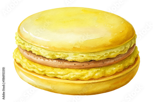 Yellow macaroon dessert, watercolor illustration, sweet treat, gourmet pastry, food art, bakery design.