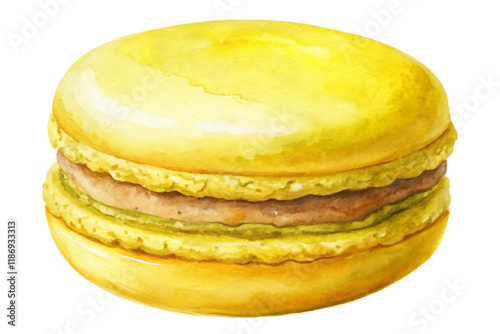 Yellow macaroon dessert, watercolor illustration, sweet pastry art, gourmet food styling, vibrant colors, culinary design.