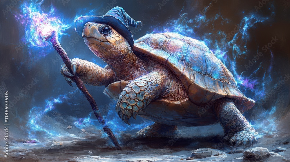 Enchanted Turtle Wizard Casting Spell with Magical Staff Surrounded by Ethereal Blue Flames in a Fantasy Environment