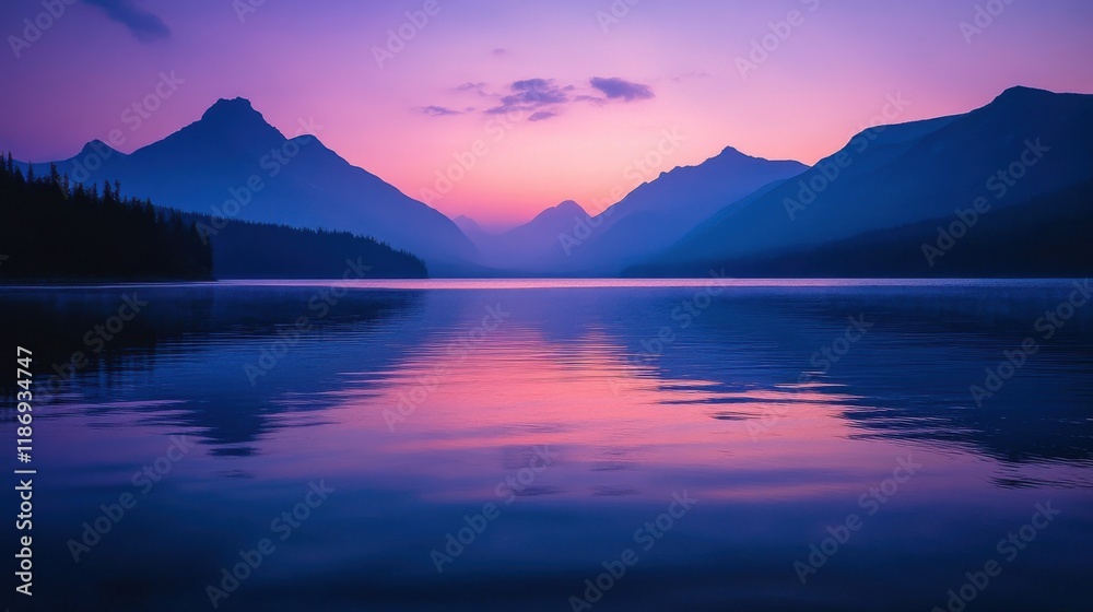 Fototapeta premium Lake at twilight with mountains and golden sunset glow