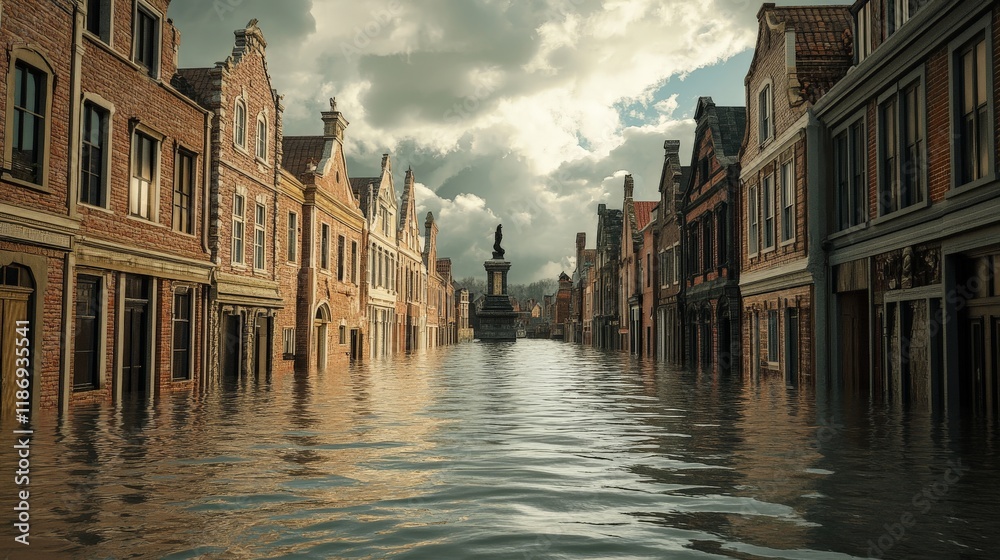 Fototapeta premium Flooded streets in historic city with submerged architecture and cloudy sky.