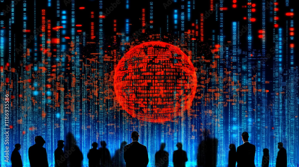 Obraz premium Digital World: Global Data Stream. Silhouetted figures stand before a massive, glowing orb pulsating with digital data, symbolizing the interconnectedness of our global digital landscape.