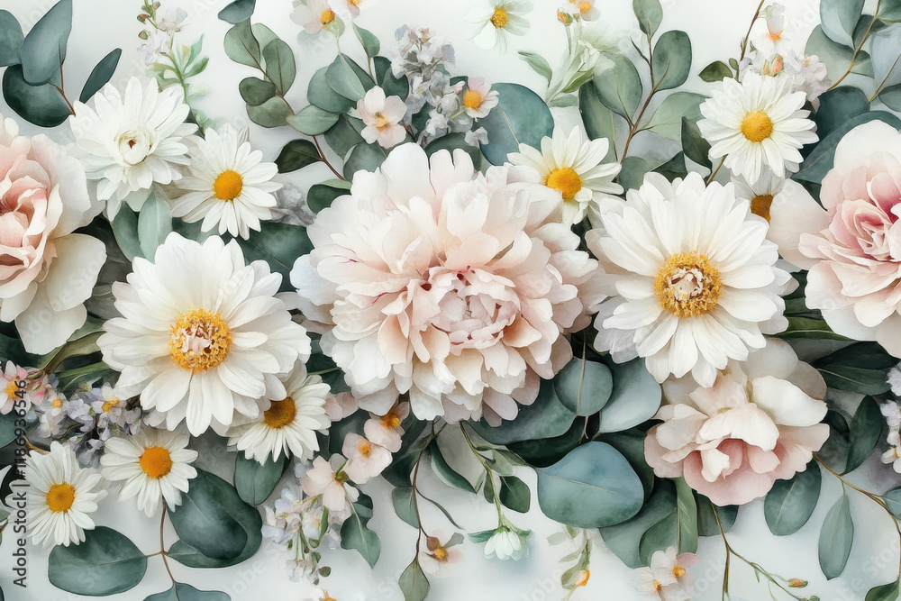 Fototapeta premium Soft pastel floral arrangement featuring peonies and daisies in a delicate pattern on a light background