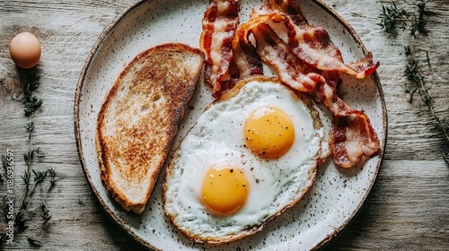 Sunny-side up eggs, bacon, toast breakfast. (1) photo