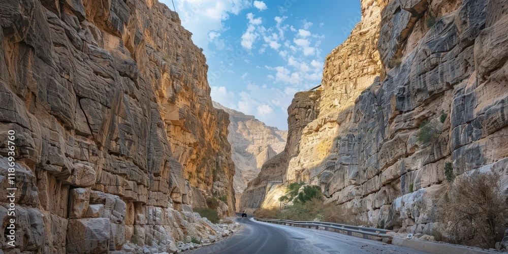 A winding road through a dramatic canyon landscape under a blue sky. A winding road through a dramatic canyon landscape under a blue sky.
