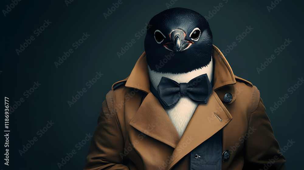 Stylish penguin in trench coat and bow tie fashion portrait of a charming bird. Nightblaze. Illustration Stylish penguin in trench coat and bow tie fashion portrait of a charming bird. Nightblaze. Illustration