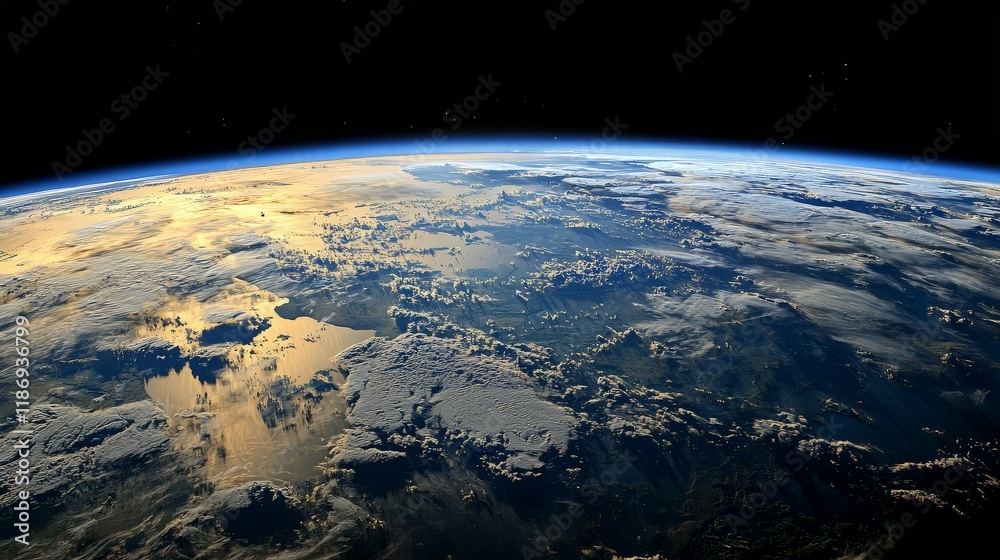 Obraz premium Sunrise Earth view from space, clouds, landmasses. Global environmental backdrop.